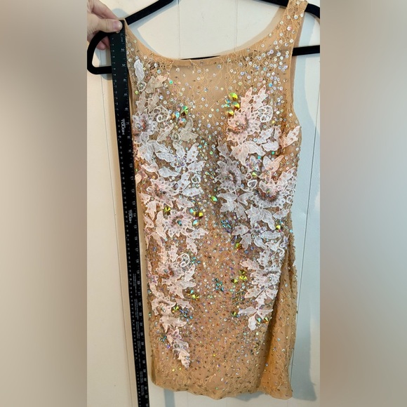JOVANI Vintage Tan Floral Embellished Sequin Jeweled Midi Dress, Size 2 - Picture 15 of 16